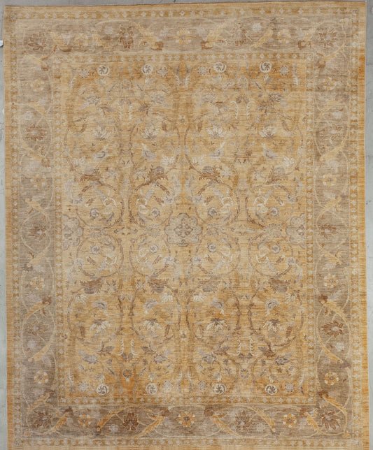 This unique rug has been woven with a spring vibe and a practical distressed finish. The color scheme evokes happiness because it has yellow for the background and variations of gray for the thick frame and the pattern. 