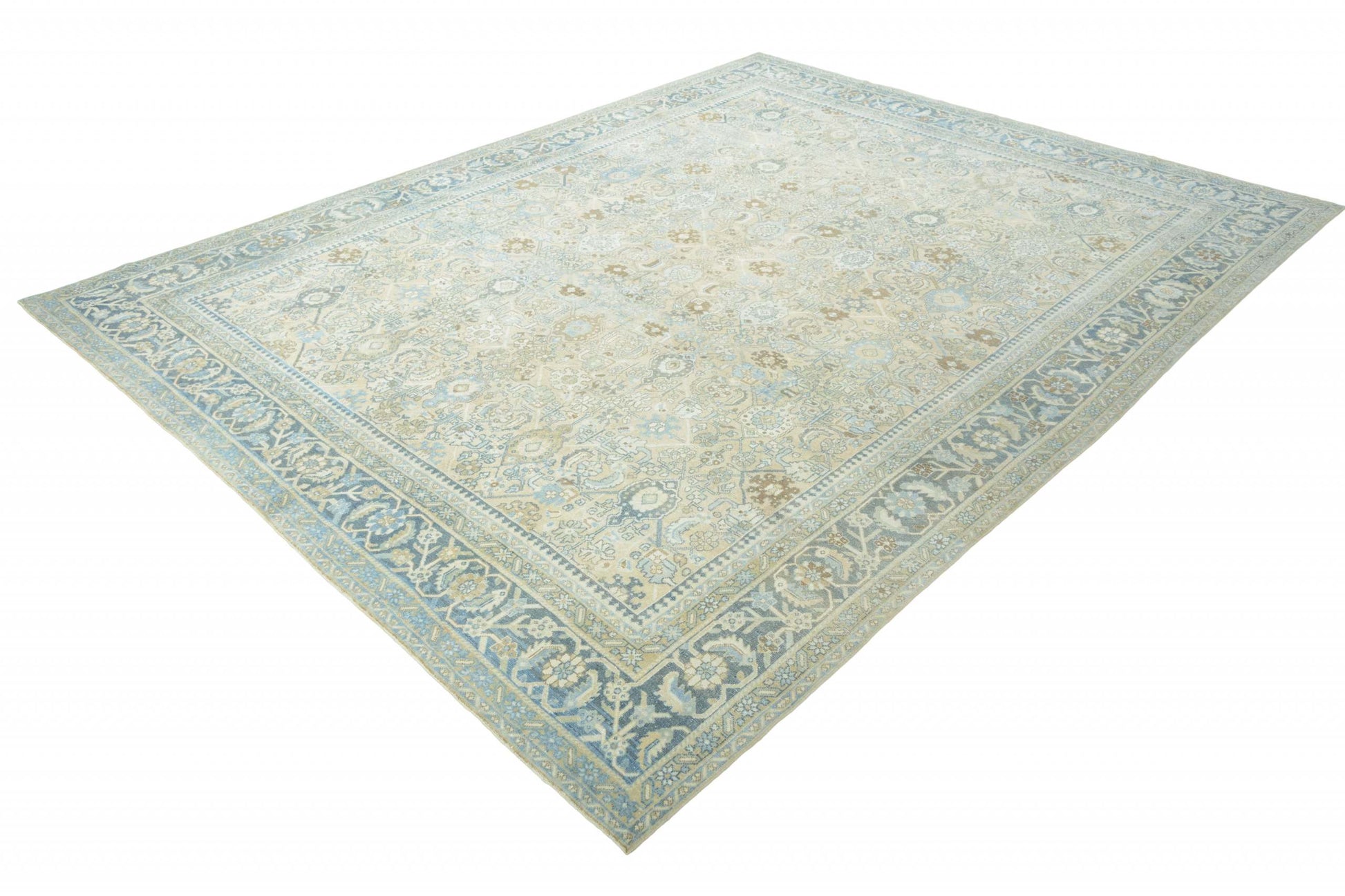 The rug's knots are green, beige, and light blue. 