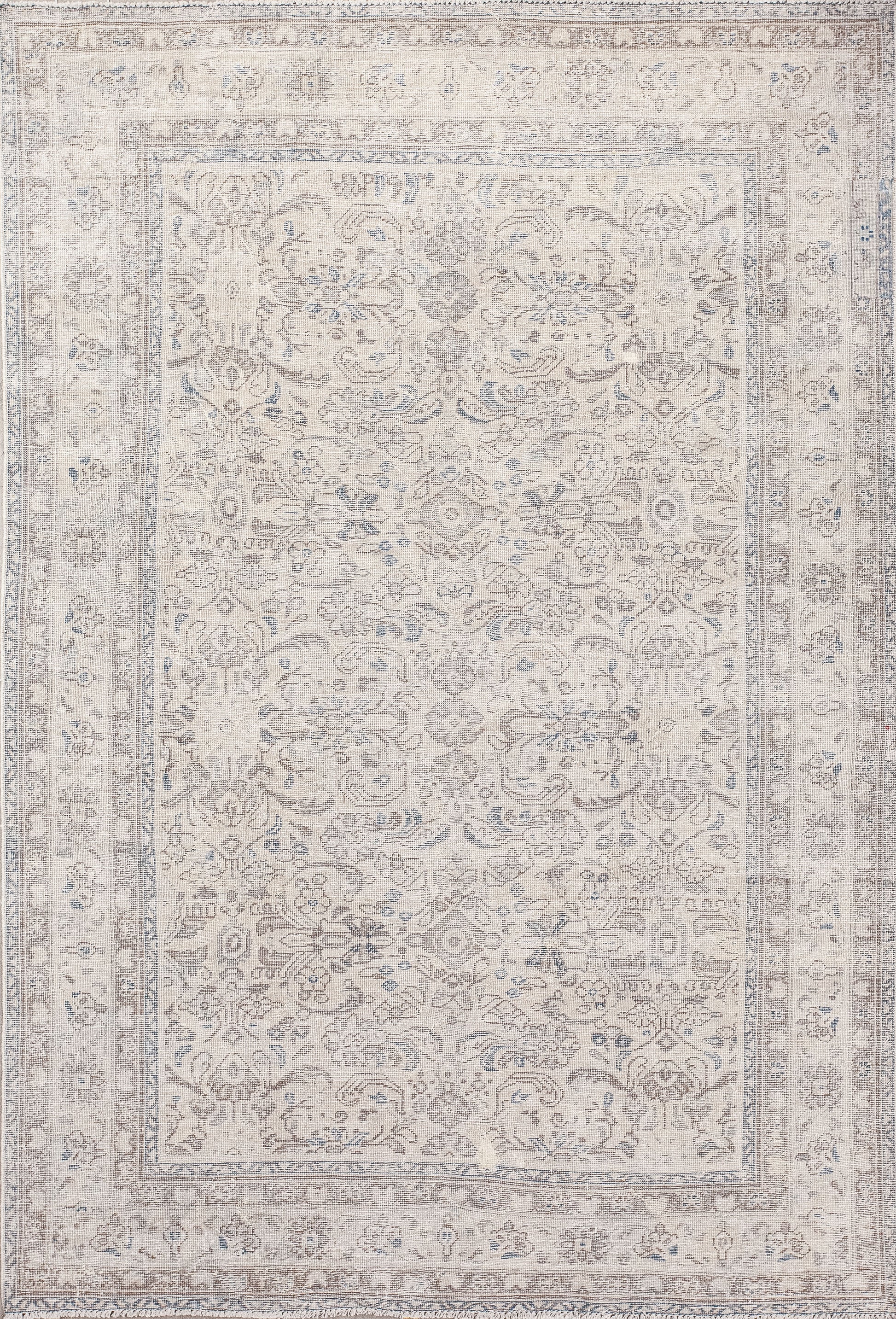 Vintage rug was woven with beige background and a floral pattern. Also, this elegant carpet comes with leaves and geometrical figures in blue and light brown.