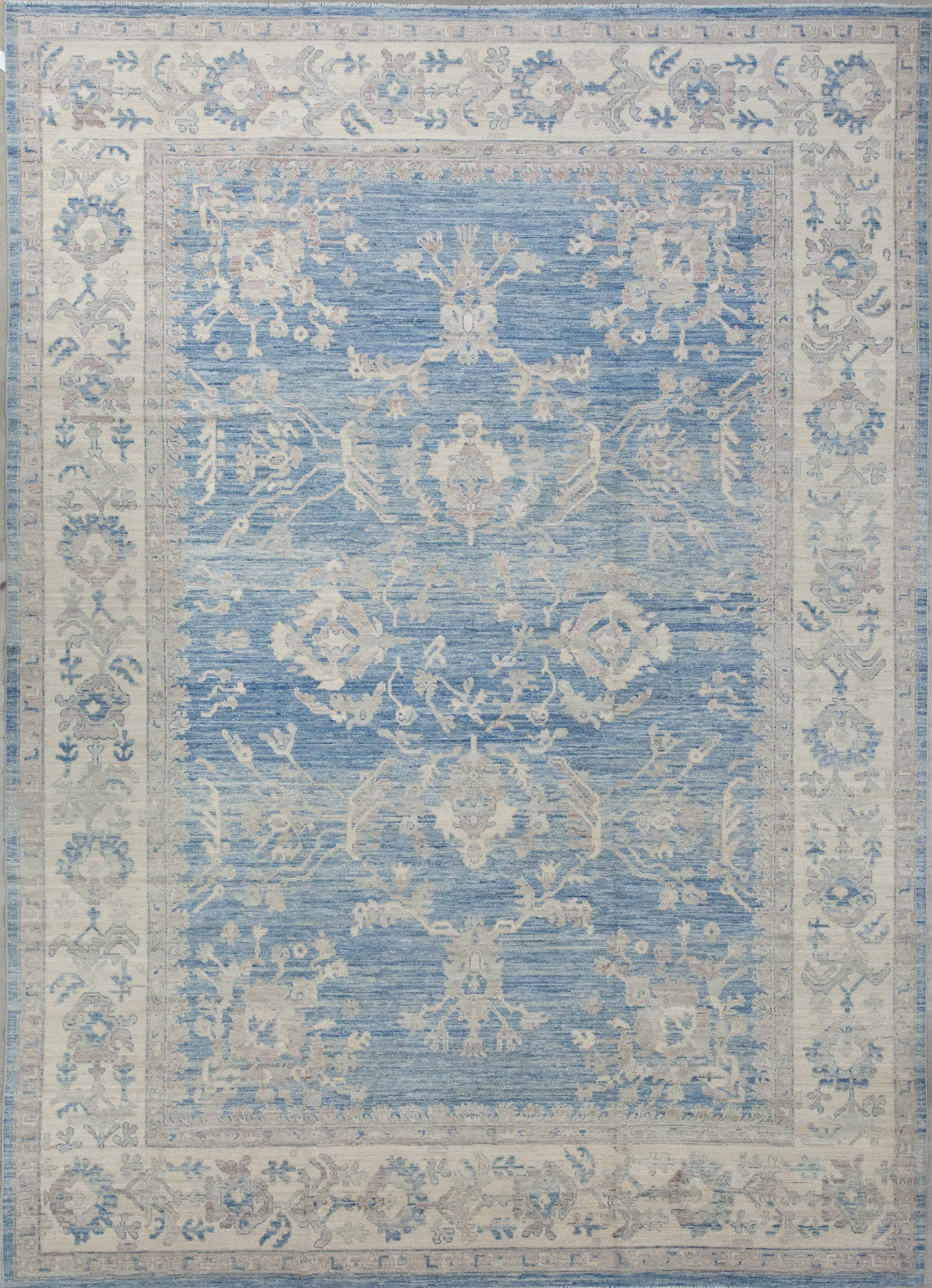 Beautiful classical carpet was woven with denim background, and beige contour. The two-tone color scheme makes this rug a smart purchase for your delight. 