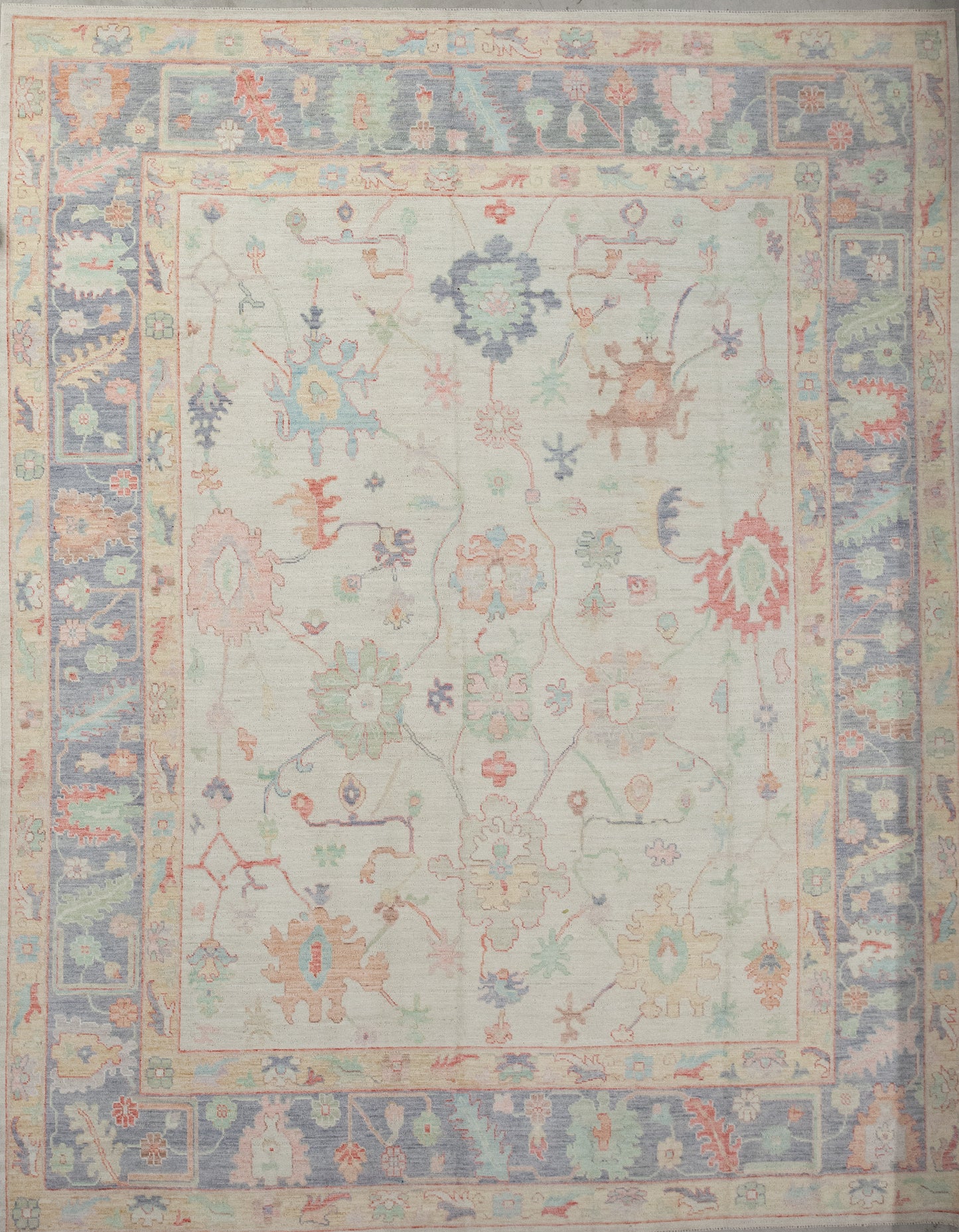 The tasteful carpet was woven with beige as the dominant color which evokes healing and protection feelings for your environment. Also, the design features a composition made of peonies' flowers in green, orange, blue, pink, and red.