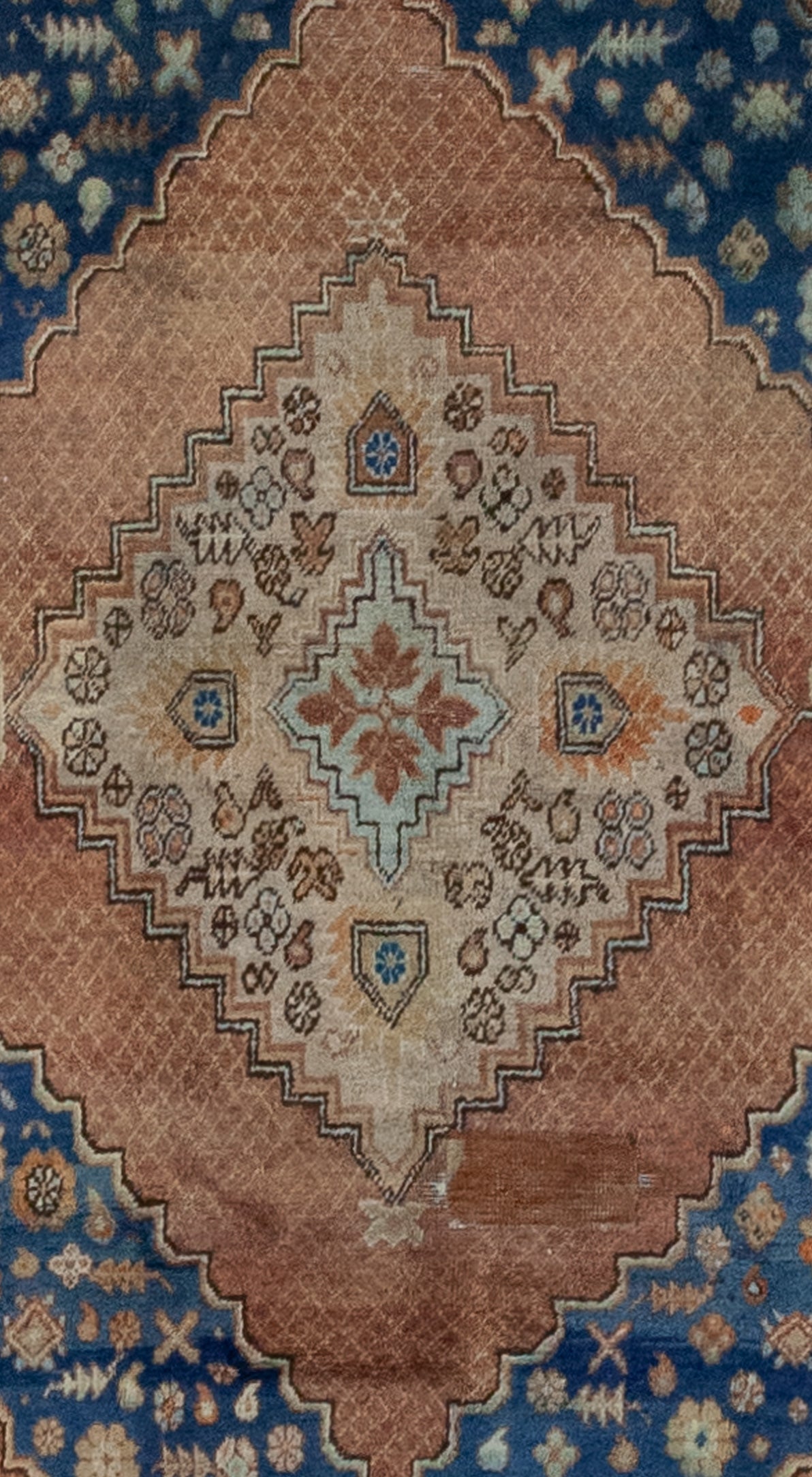 The center of the carpet displays a closer look of the nested diamonds and their pattern which are abstract small flowers and leaves organized symmetrically. 