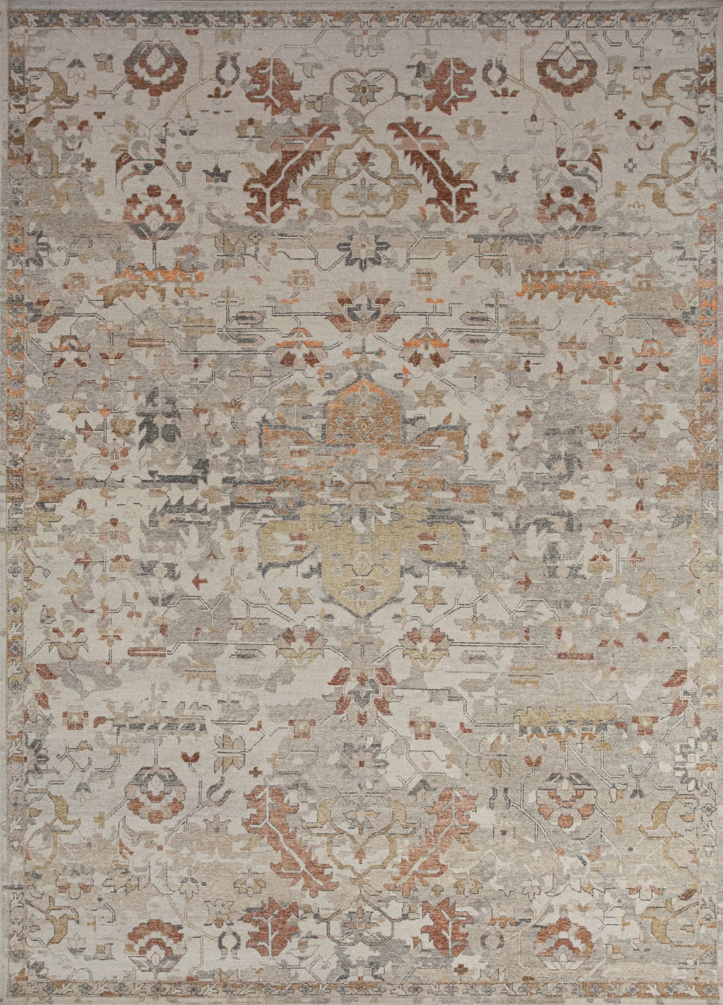 Impressive carpet knitted with the Autumn season's inspiration and beige background. The symmetrical design renders turning leaves, california black oak leaves, and thin branches. 