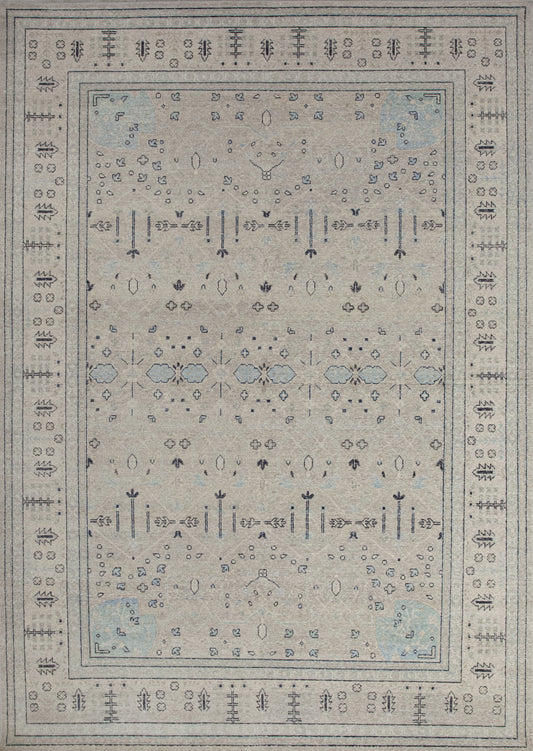 Prime carpet knitted with the vintage style, and it comes with an elegant color scheme which is beige, brown, blue, and black accents. The design renders mini flowers, tiny leaves, and linear branches all of them arranged symmetrically. 